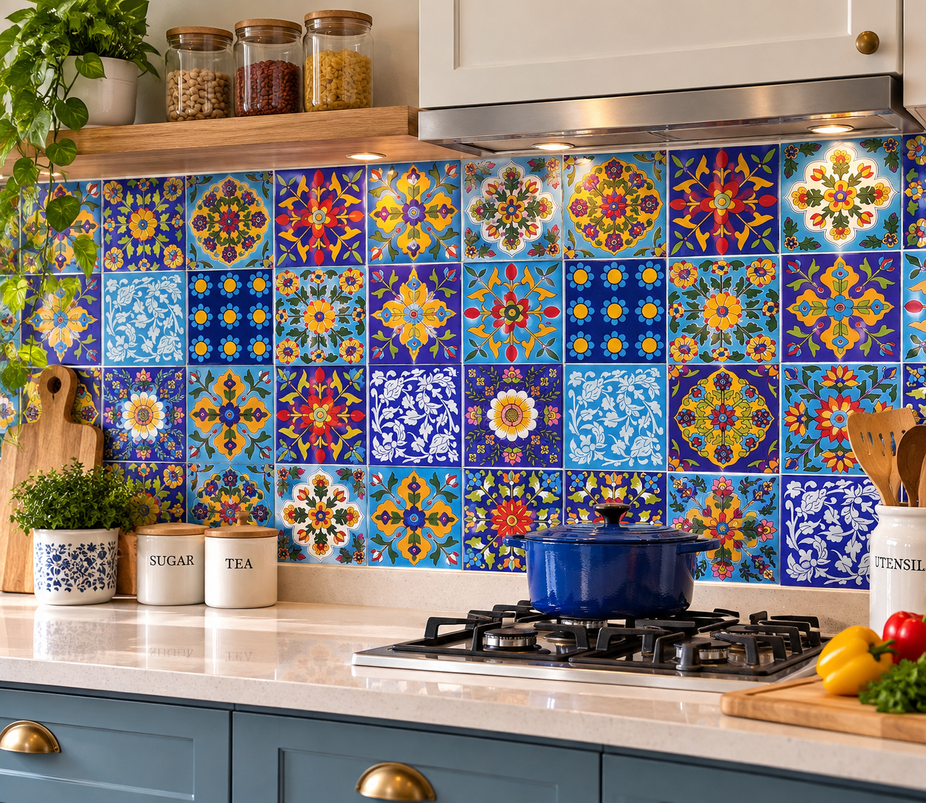 Shiv Kripa Blue Pottery Floral Decorative Mosaic Wall Tiles 3 x 3 Inch Set of 16 Tiles